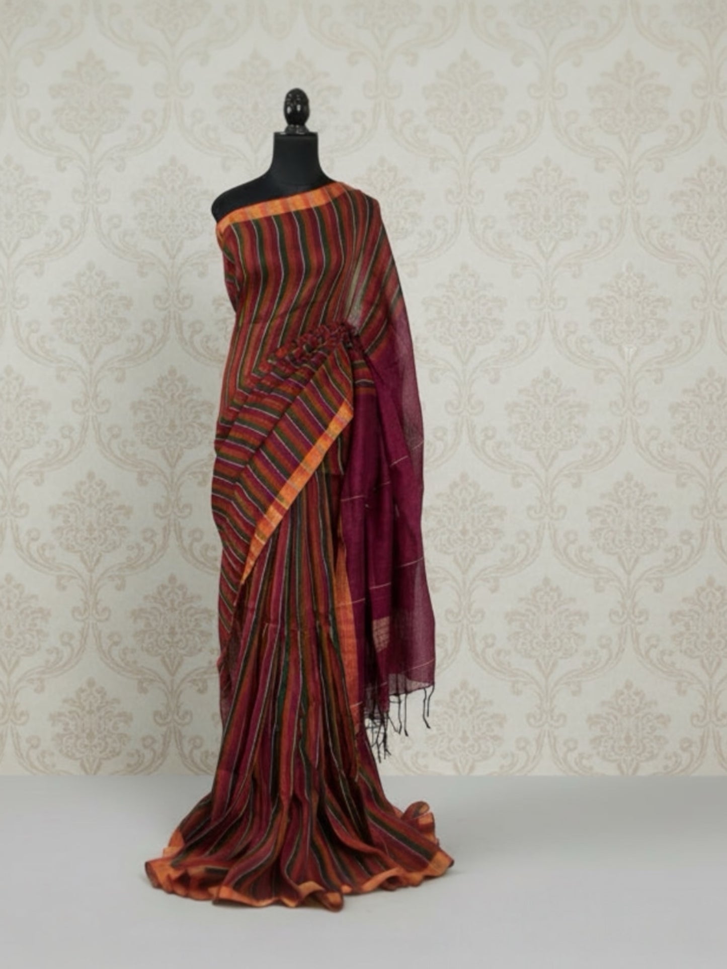 Handloom Linen saree(Dark pink)