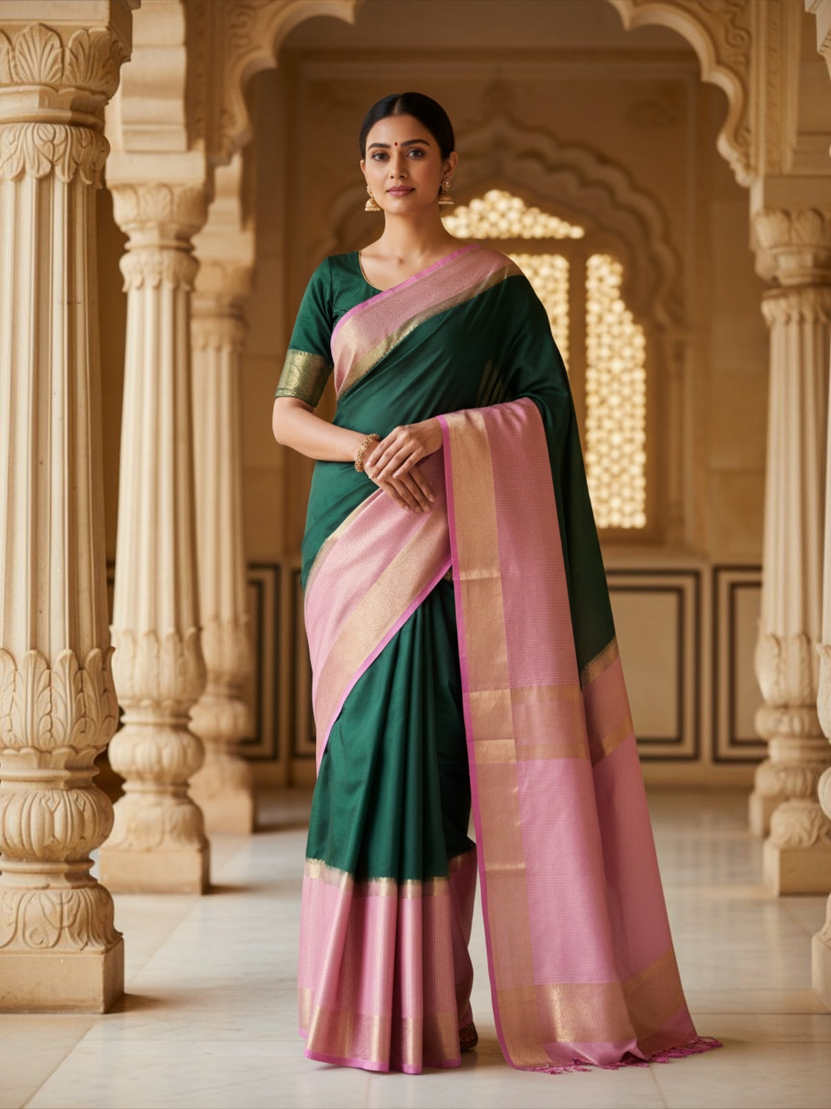 Semi Mysore silk saree(Green with Pink)