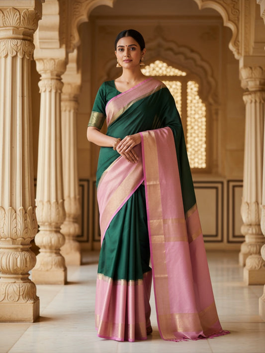 Semi Mysore silk saree(Green with Pink)