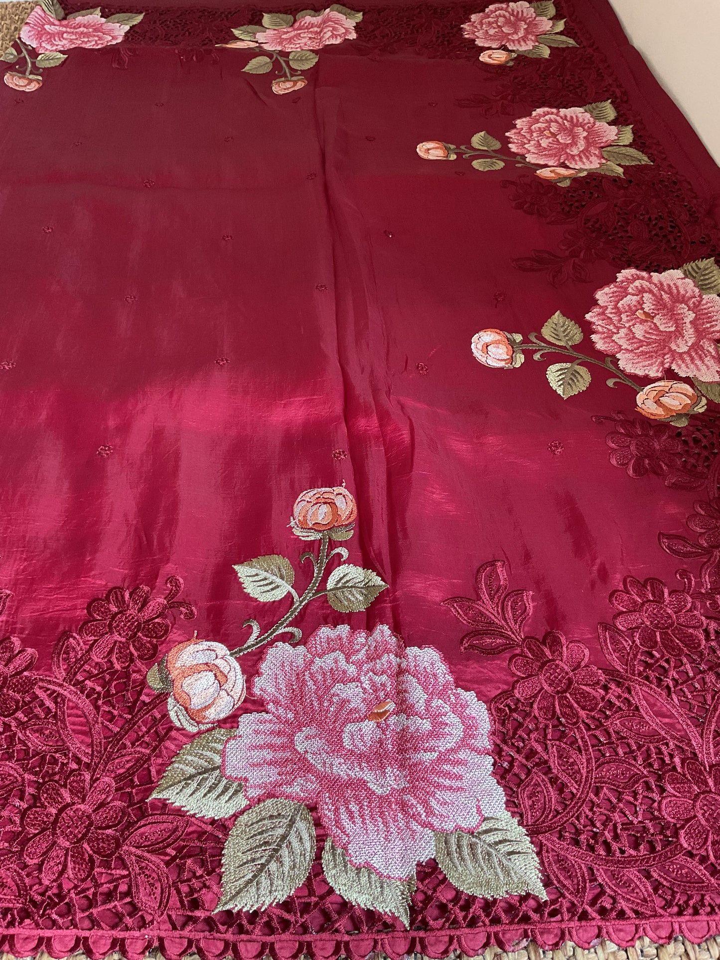Pure Raw silk with Korean machine embroidery(Deep wine Red saree)