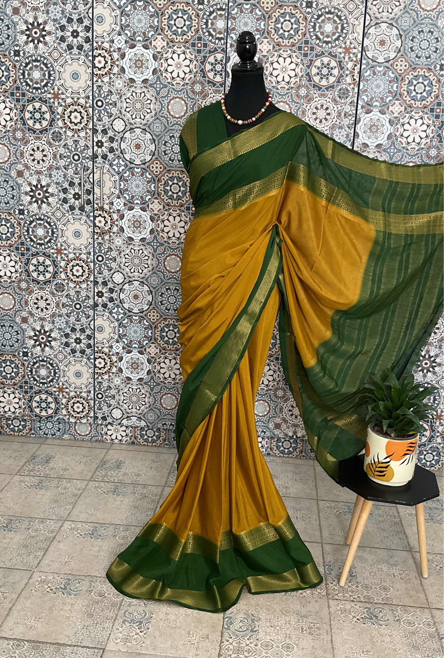 Semi Mysore silk crepe saree(yellow with green)