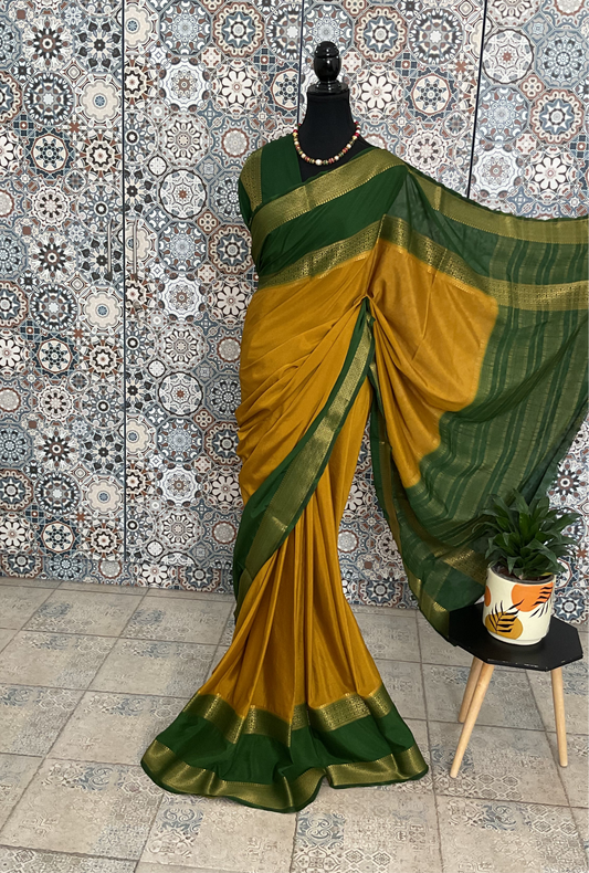 Semi Mysore silk crepe saree(yellow with green)