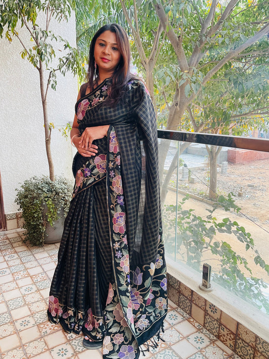 Fancy viscose saree-(Black Korean machine embroidery)