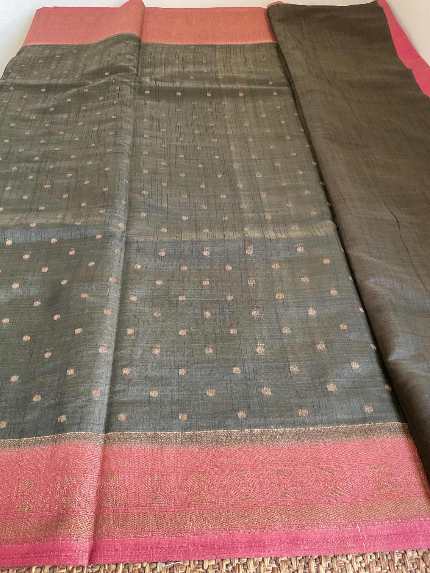 Tussar saree with Pink border (charcoal grey)