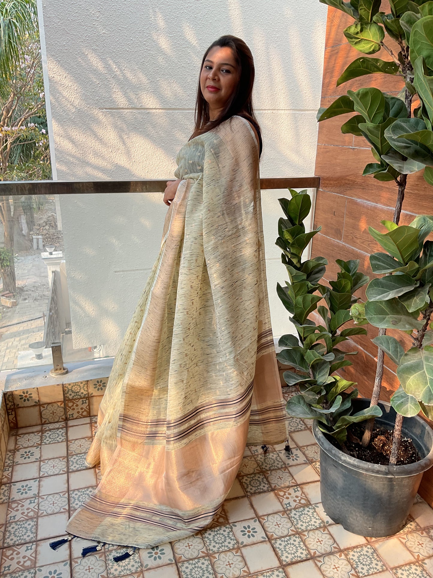 Cotton Linen saree(cream with blue)
