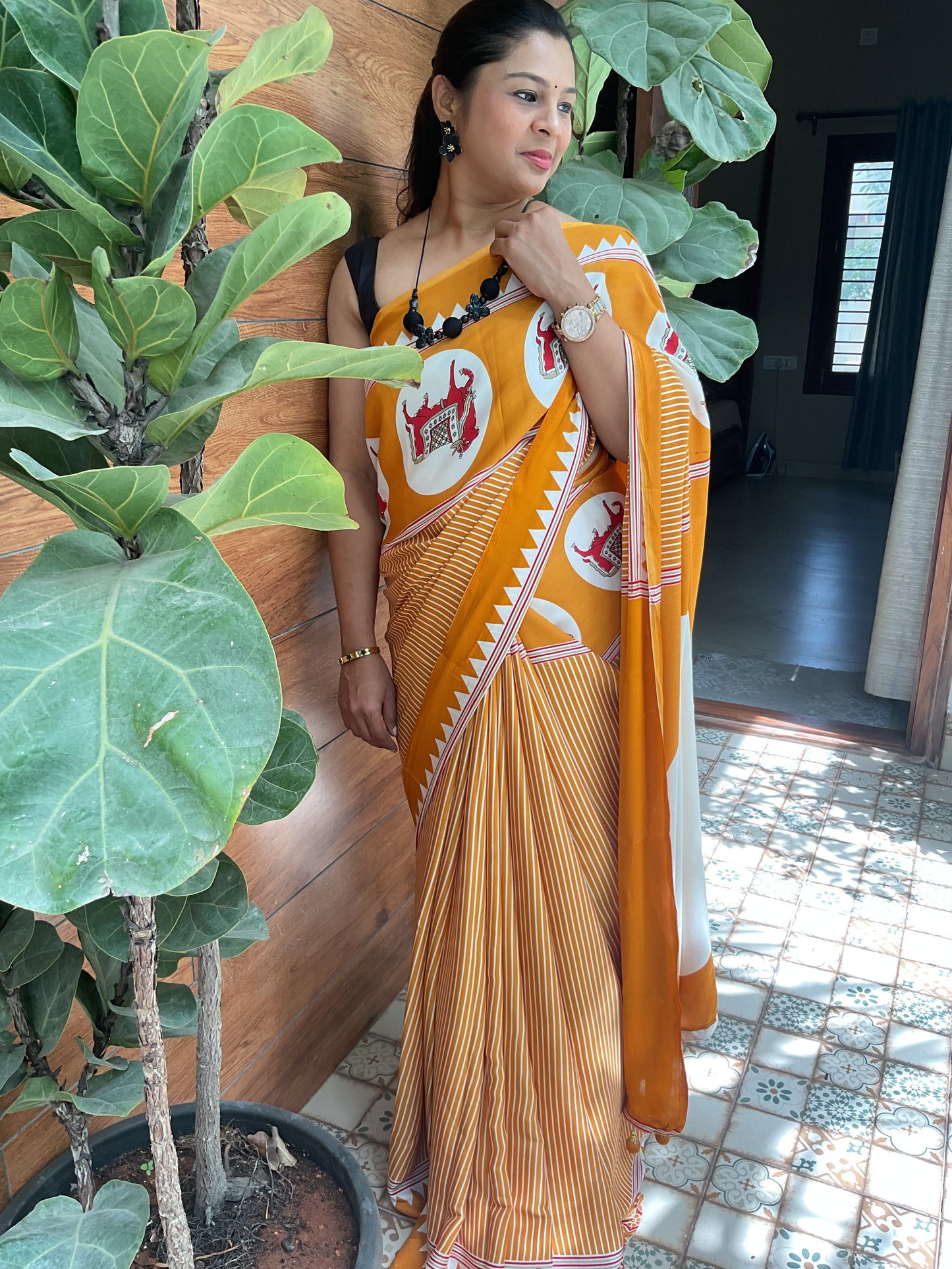 Mustard Yellow Ajrakh Dola Silk Saree