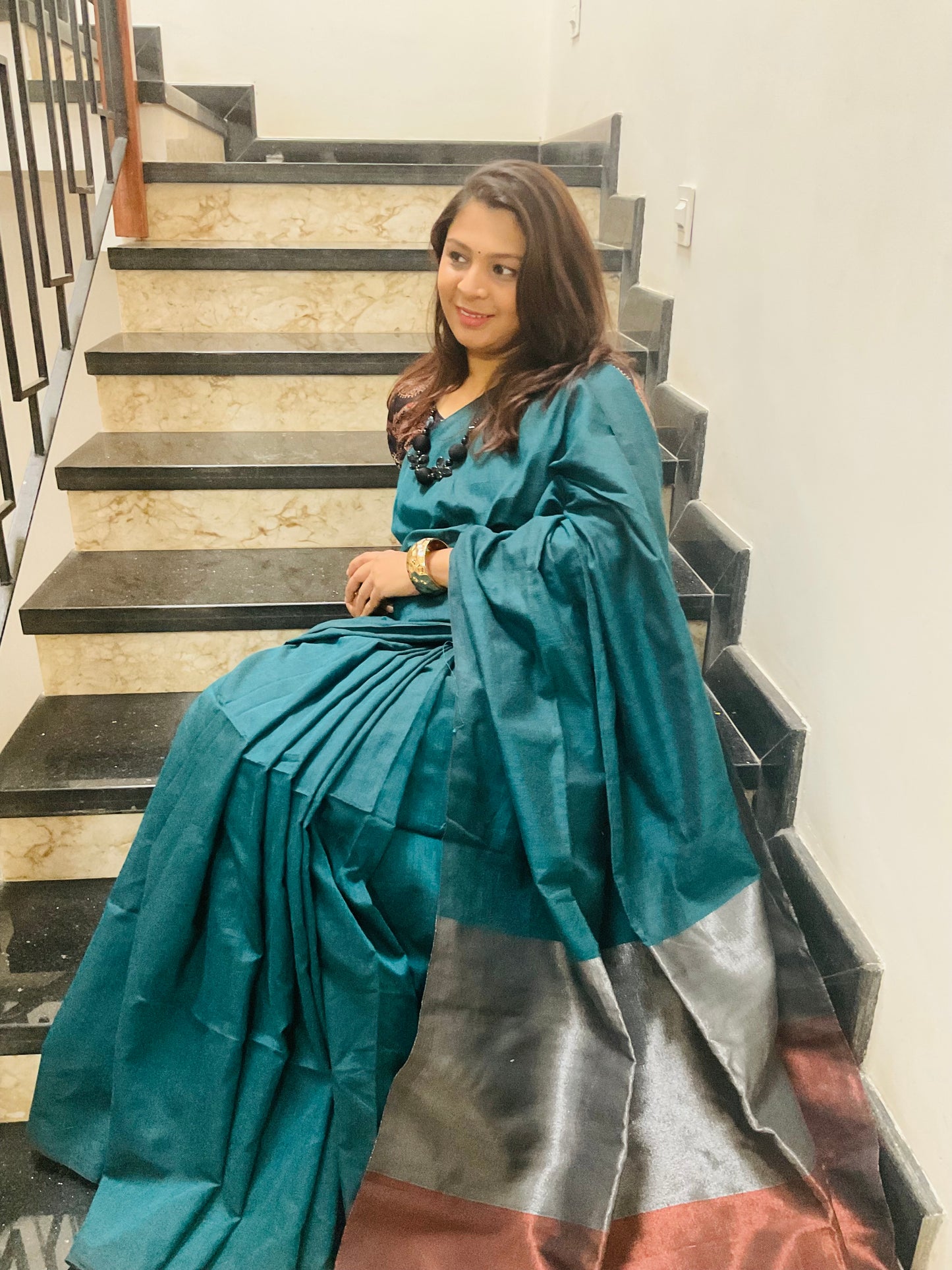 Handloom cotton saree(Teal green with contrast pallu)