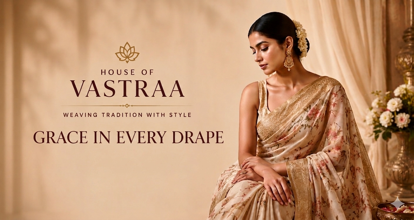 Woman in a saree with 'House of Vastra' branding and text about tradition and style.