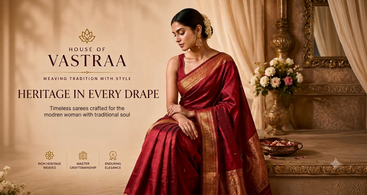 A woman wearing a deep red and gold sari poses in an elegant indoor setting with draped curtains, a gold mirror, and a floral arrangement. Text on the left reads 'HOUSE OF VASTRAA' and 'HERITAGE IN EVERY DRAPE'.