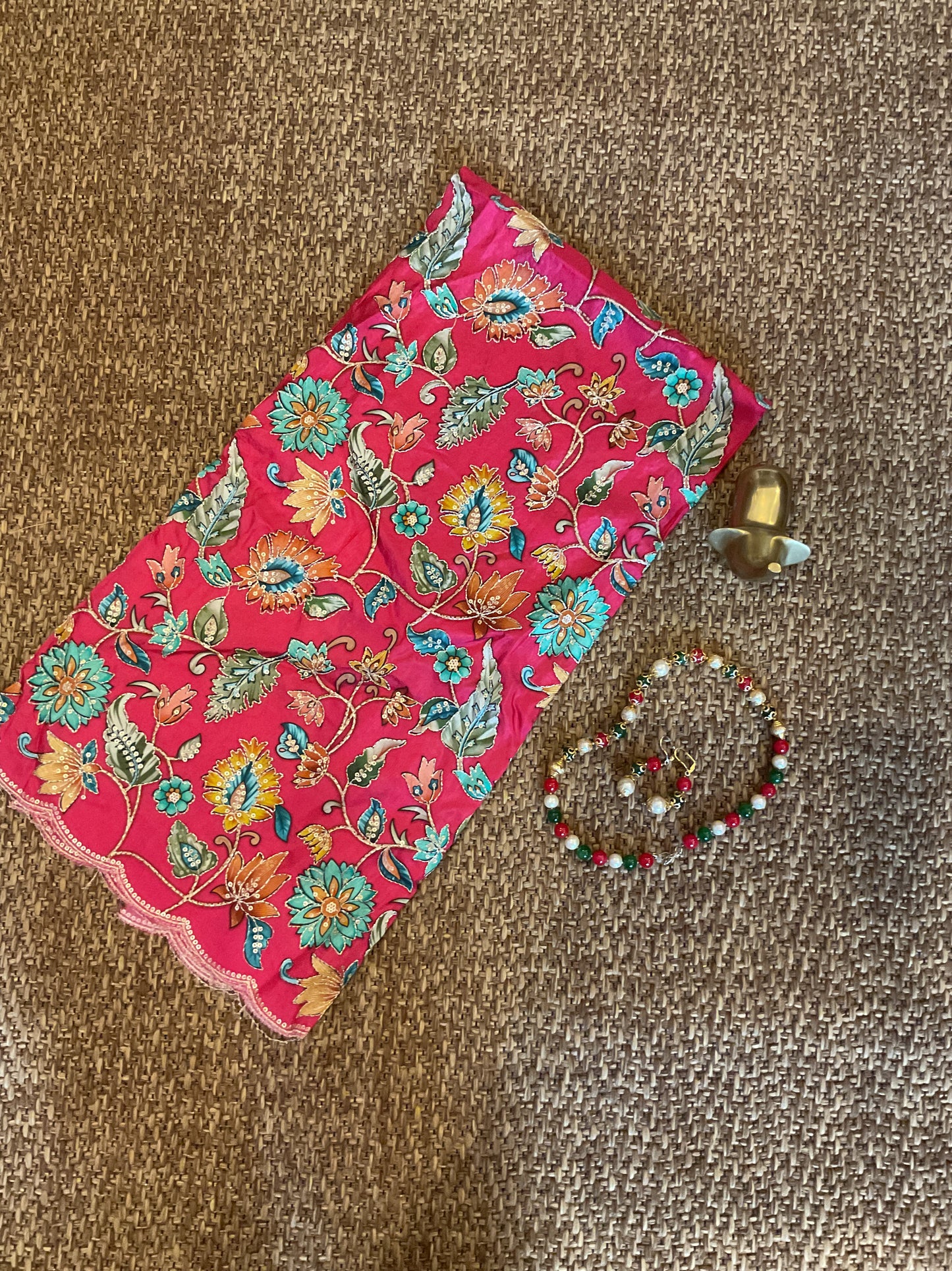 Pink crepe silk Kalamkari blouse fabric