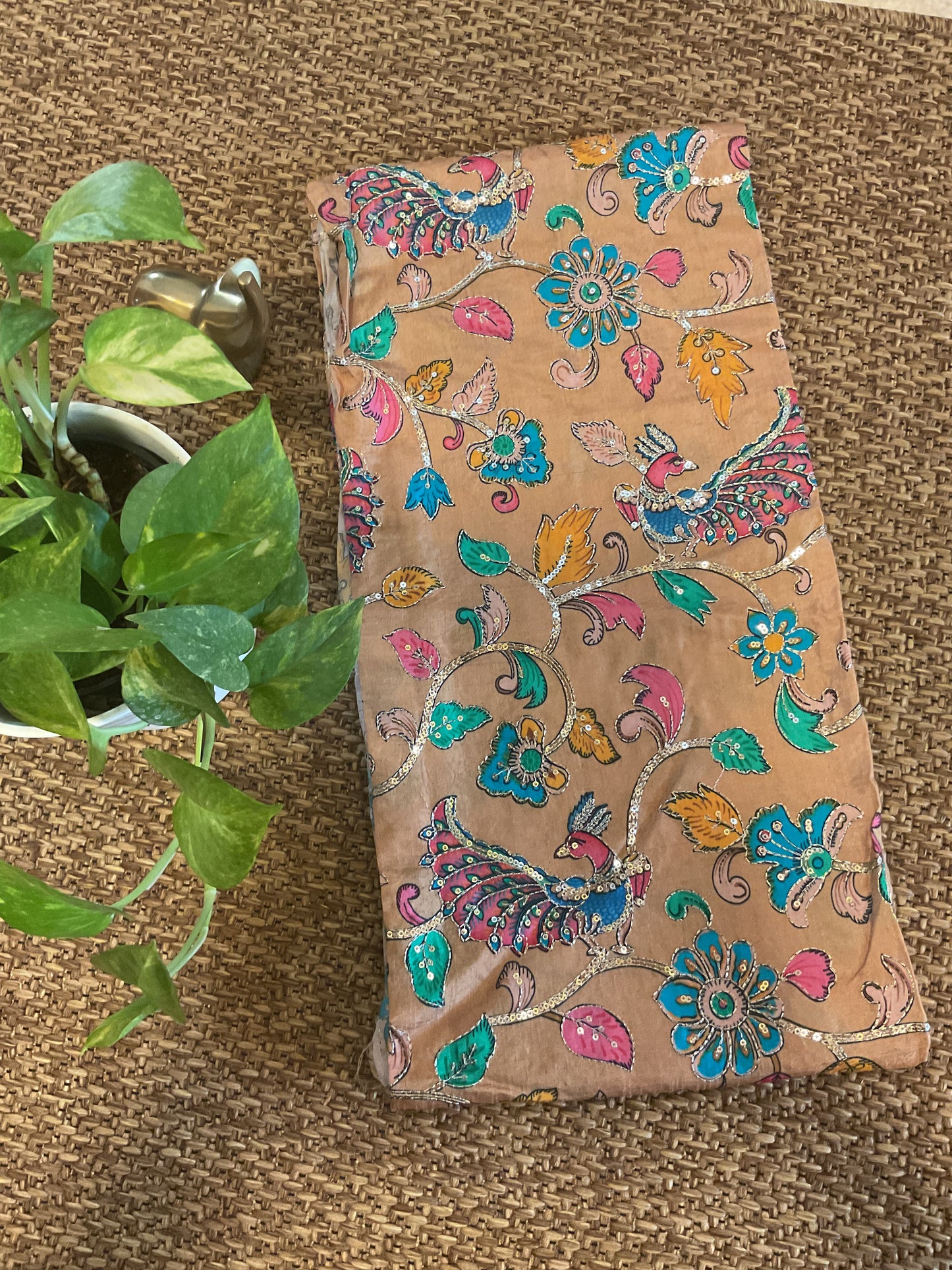 Golden crepe Kalamkari blouse fabric