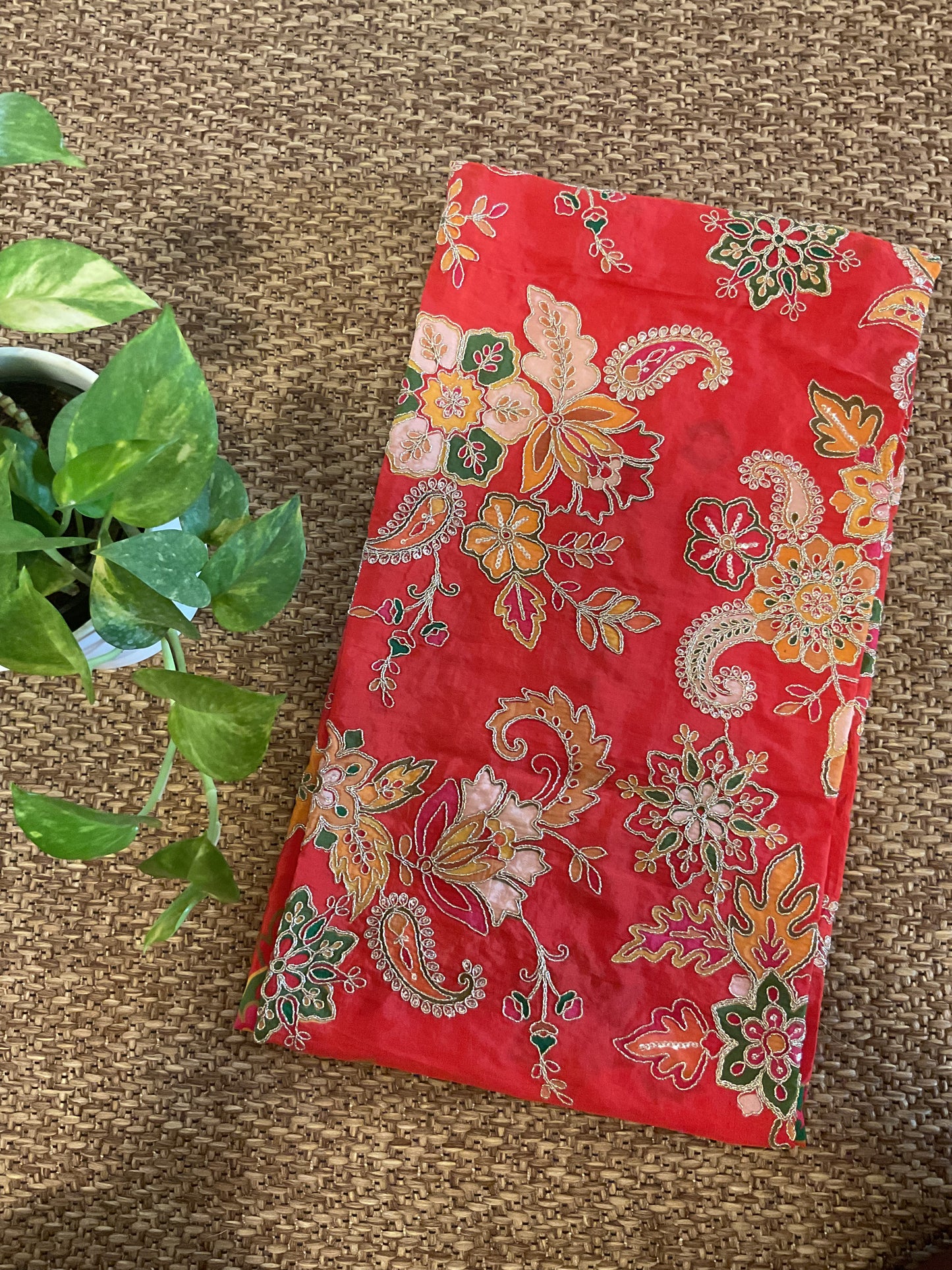 Orange Kalamkari blouse fabric