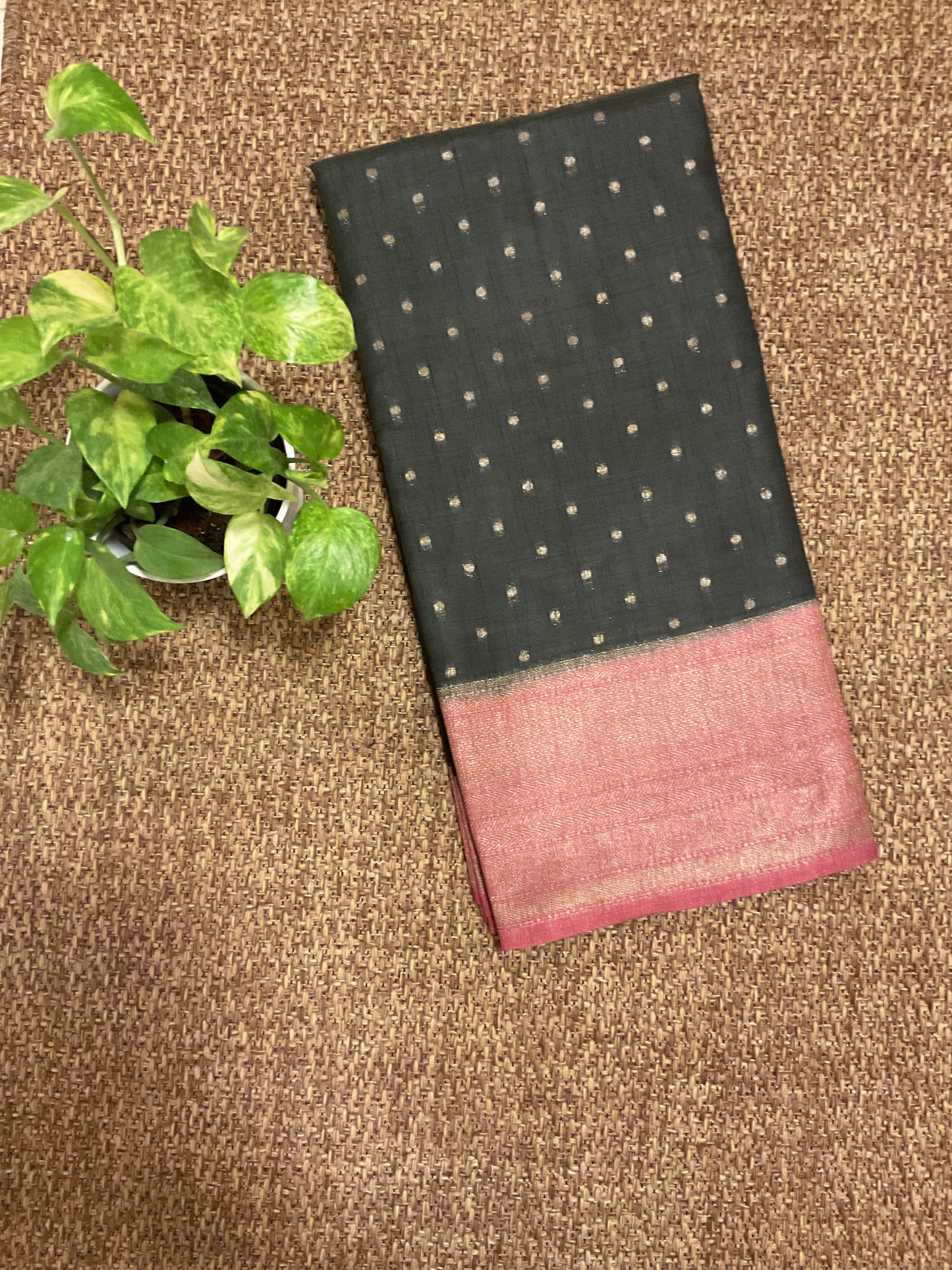 Tussar saree with Pink border (charcoal grey)
