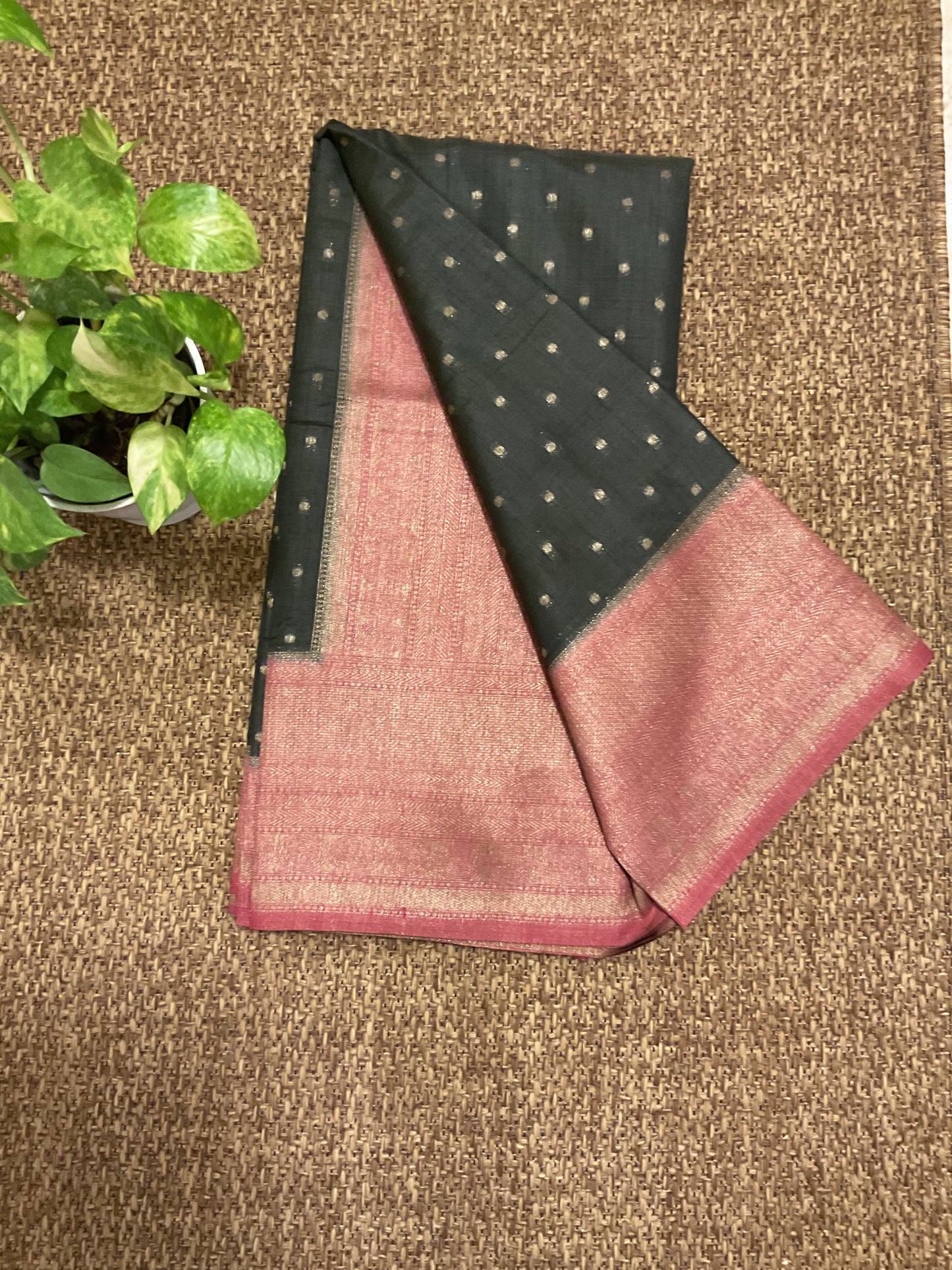 Tussar saree with Pink border (charcoal grey)