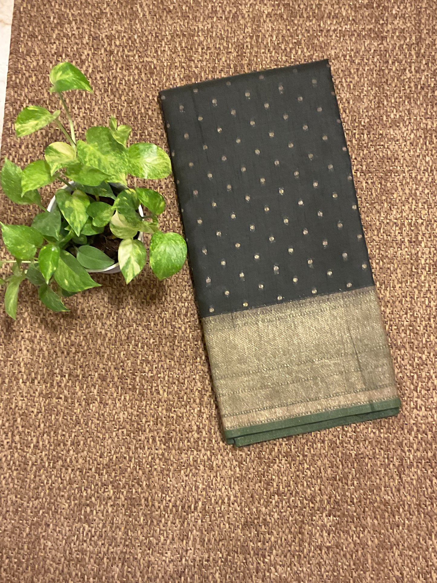 Tussar black with green border saree