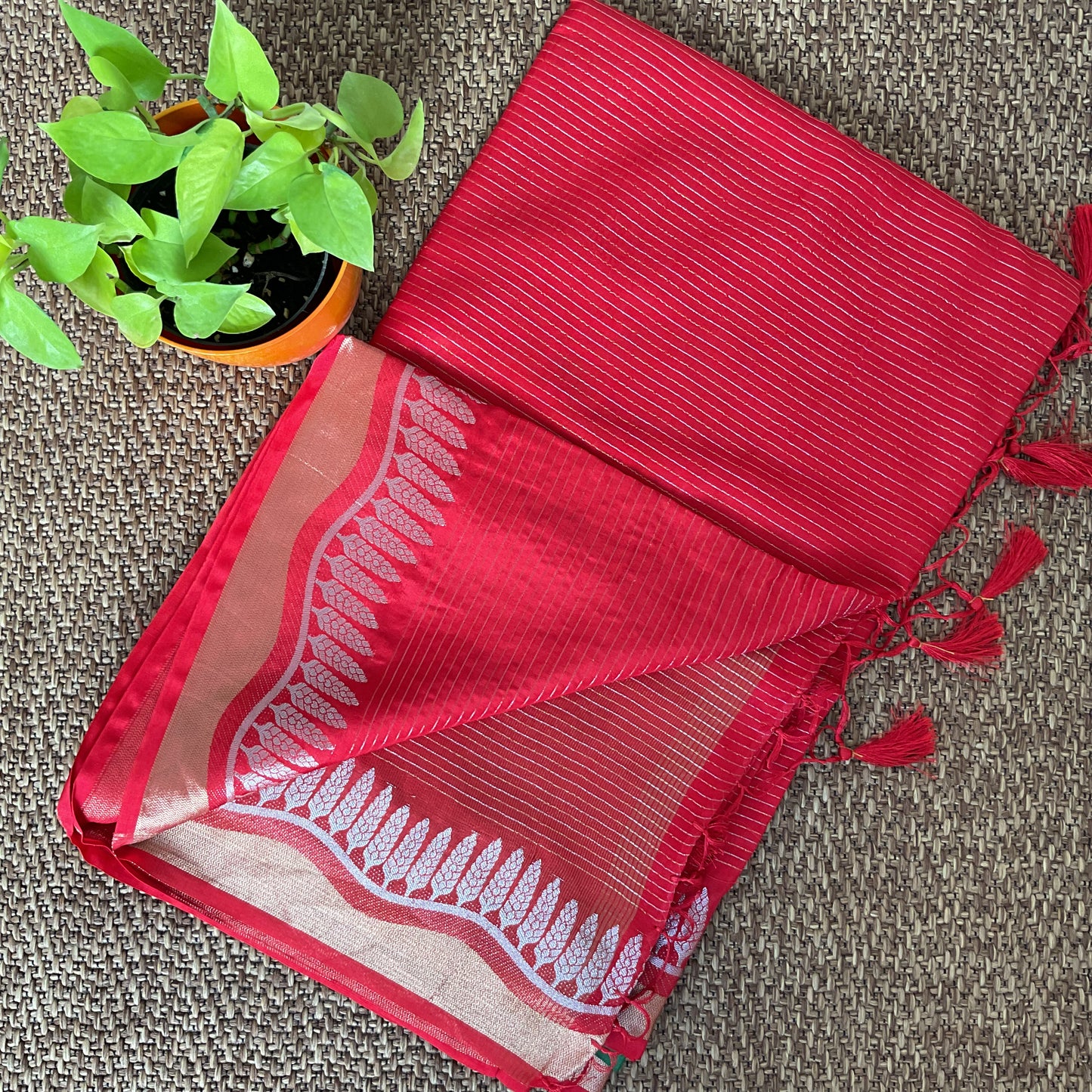 Red Dola silk stripes saree