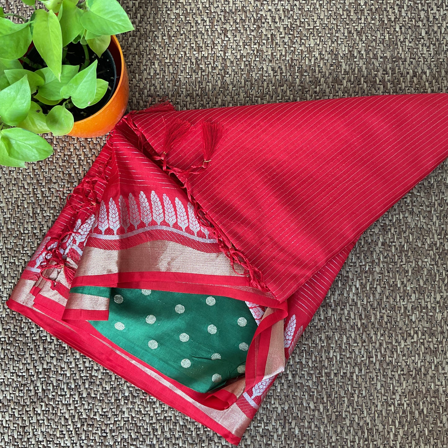 Red Dola silk stripes saree