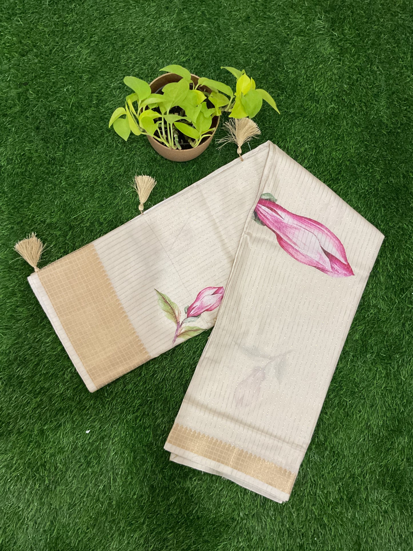 Antique half white floral dola silk saree