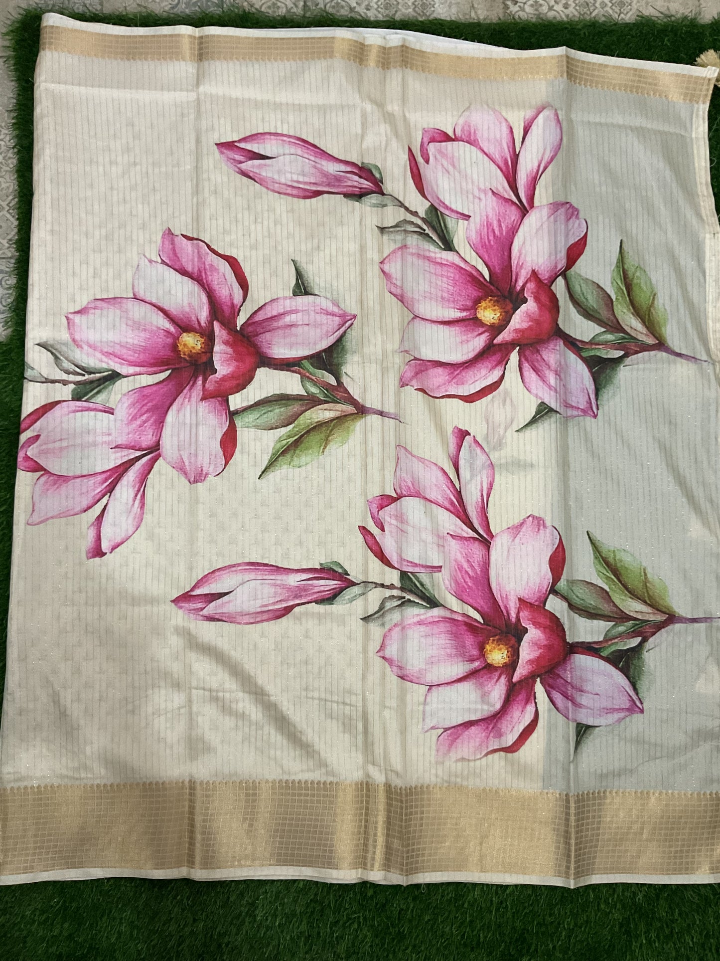 Antique half white floral dola silk saree