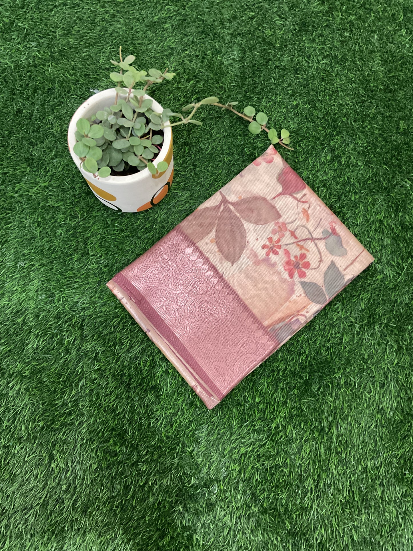 Dola silk saree cream with pink border( product code 05)