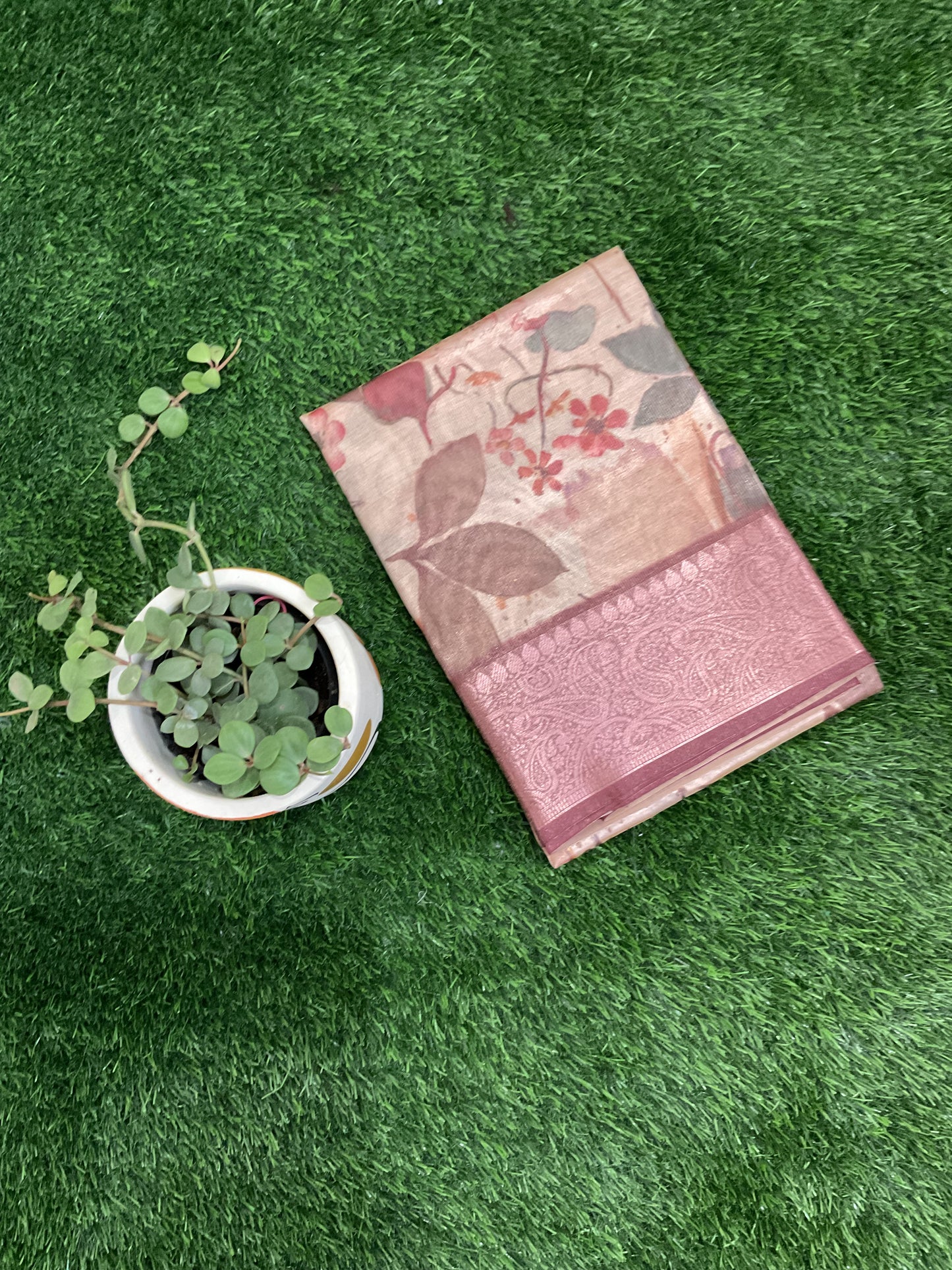 Dola silk saree cream with pink border( product code 05)