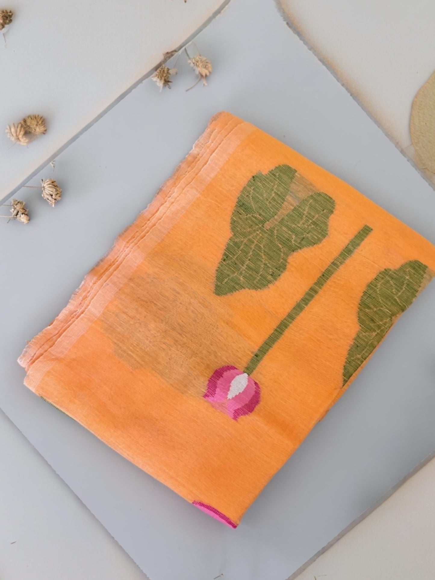 Pure Handoven muslin jamdani linen silk  saree(orange)