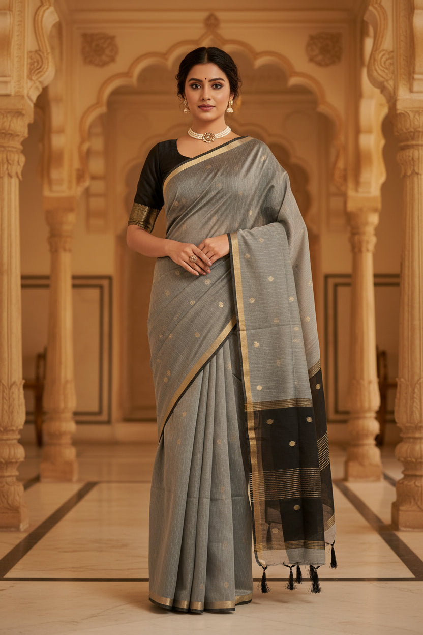 A gray and black saree with gold zari motifs displayed on a black mannequin, set against a patterned tile wall.